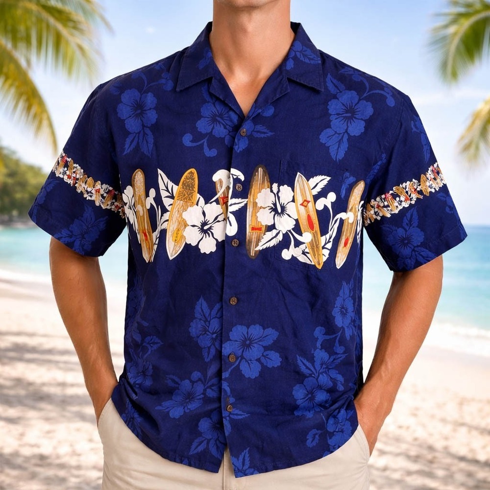 RJC Hawaiian Aloha Shirt XL Surfboards Hibiscus Tropical Flowers Dark Blue